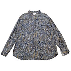 Vtg 90s Tess Womens Silk Longsleeve Button Down Top Paisley Print L Blue Green
